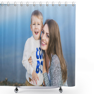 Personality  Portrait Of A Happy Young Mother With Her Little Son Shower Curtains