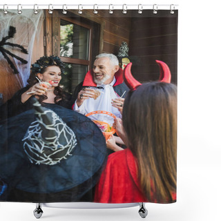 Personality  Happy Couple In Creepy Halloween Costumes Holding Candies And Smiling Near Blurred Kids  Shower Curtains