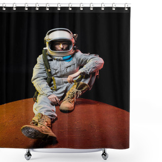 Personality  Young Cosmonaut In Spacesuit With Helmet Sitting On Planet In Space Shower Curtains
