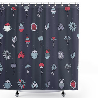 Personality  Seamless Stylish Vector Texture With Colorful Doodle Flowers, Simple, Handdrawn On Dark Blue Background. Pattern Drawn With Brush And Ink By Hand, Have Imperfections, Can Be Used For Print, Fabric Shower Curtains