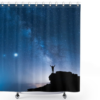 Personality  Man And The Universe. A Person Is Standing On The Top Of The Hill Next To The Milky Way Galaxy With His Hands Raised To The Air. Shower Curtains