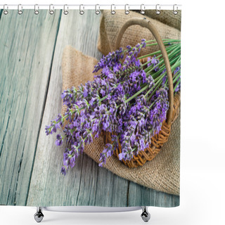 Personality  Lavender Flowers In A Basket With Burlap On The Wooden Backgroun Shower Curtains