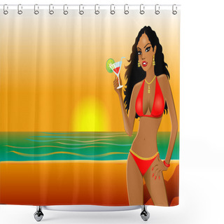 Personality  Red Beach Girl Shower Curtains