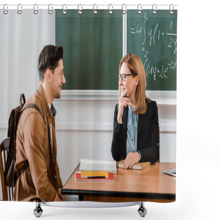 Personality  Female Teacher Smiling Near Young Student With Backpack In Classroom  Shower Curtains