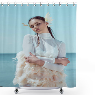 Personality  Tender Woman In White Swan Costume Standing On Blue River And Sky Background, Looking At Camera Shower Curtains