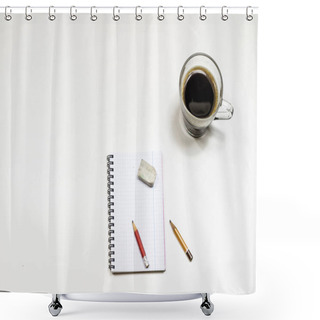 Personality  Coffee And Sketchbook For Drawings. White Table. Isolated Backgr Shower Curtains