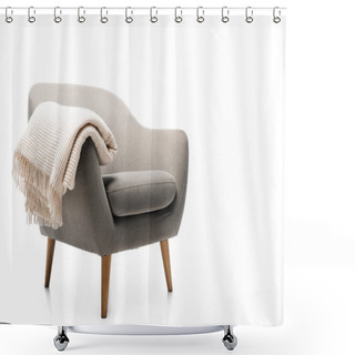 Personality  Comfortable Grey Modern Armchair With Blanket Isolated On White Shower Curtains