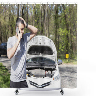 Personality  Young Man In Front Of Broken Down Car On The Road, Calling For HELP Shower Curtains