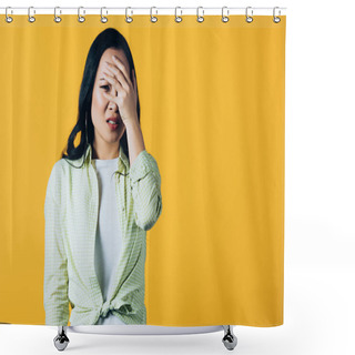 Personality  Scared Brunette Asian Girl Closing Face Isolated On Yellow Shower Curtains