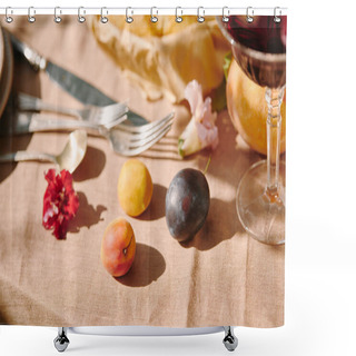 Personality  Plums And Utensils On Beige Tablecloth In Garden Shower Curtains