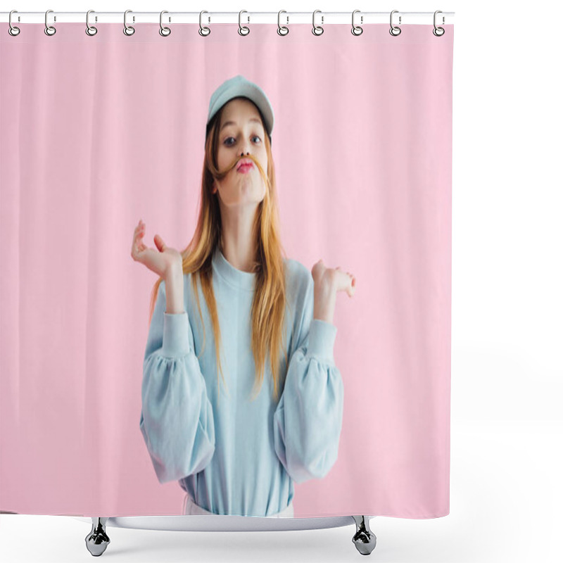 Personality  Pretty Teenage Girl In Cap With Mustache Of Hair Grimacing Isolated On Pink Shower Curtains