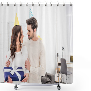 Personality  Beautiful Couple In Party Hats Embracing While Holding Birthday Present In Living Room Shower Curtains