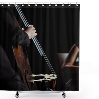 Personality  Cropped View Of Professional Musicians Playing On Violin And Contrabass On Dark Stage Shower Curtains