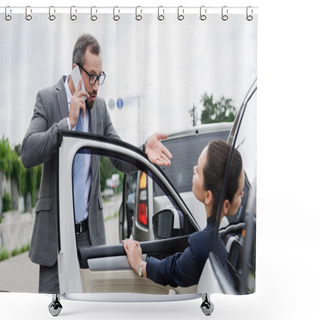 Personality  Businesspeople Quarreling On Road After Car Accident, Man Talking By Smartphone Shower Curtains