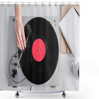 Personality  Cropped View Of Woman Playing Vinyl Record On Vintage Player Shower Curtains
