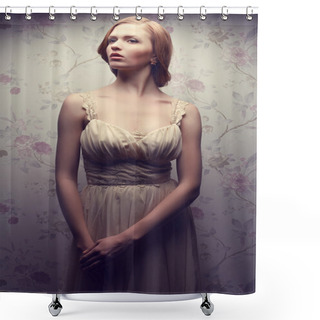 Personality  Vintage Portrait Of A Glamorous Doll-like Retro Girl Posing In G Shower Curtains