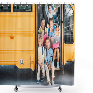 Personality  Group Of Adorable Schoolchildren Sitting On Stairs Of School Bus And Looking At Camera Shower Curtains