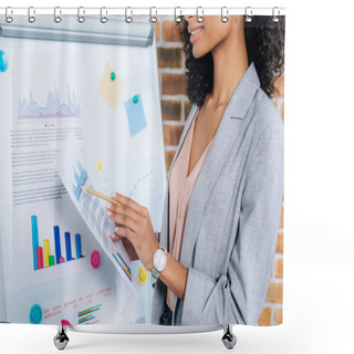 Personality  Cropped View Of African American Casual Businesswoman Near Flipchart With Pencil And Graph On Paper In Loft Office Shower Curtains