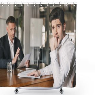 Personality  Business, Career And Placement Concept - Uptight Nervous Man Worrying During Job Interview In Office While Negotiating With Caucasian Businessman Or Director Shower Curtains
