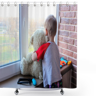 Personality  A Child With A Bear And Toys Looks Out The Window During Quarantine Shower Curtains