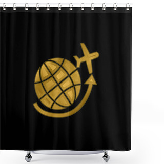 Personality  Airplane Flying Around Earth Grid Gold Plated Metalic Icon Or Logo Vector Shower Curtains