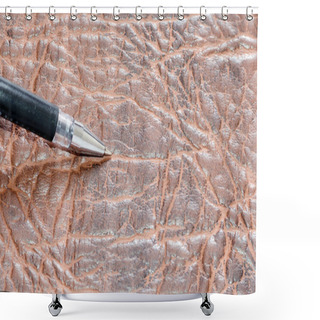 Personality  Ballpoint Pen On Brown Leather Background Shower Curtains