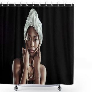 Personality  Beautiful African American Woman In White Wire Head Wrap And Golden Accessories Isolated On Black Shower Curtains