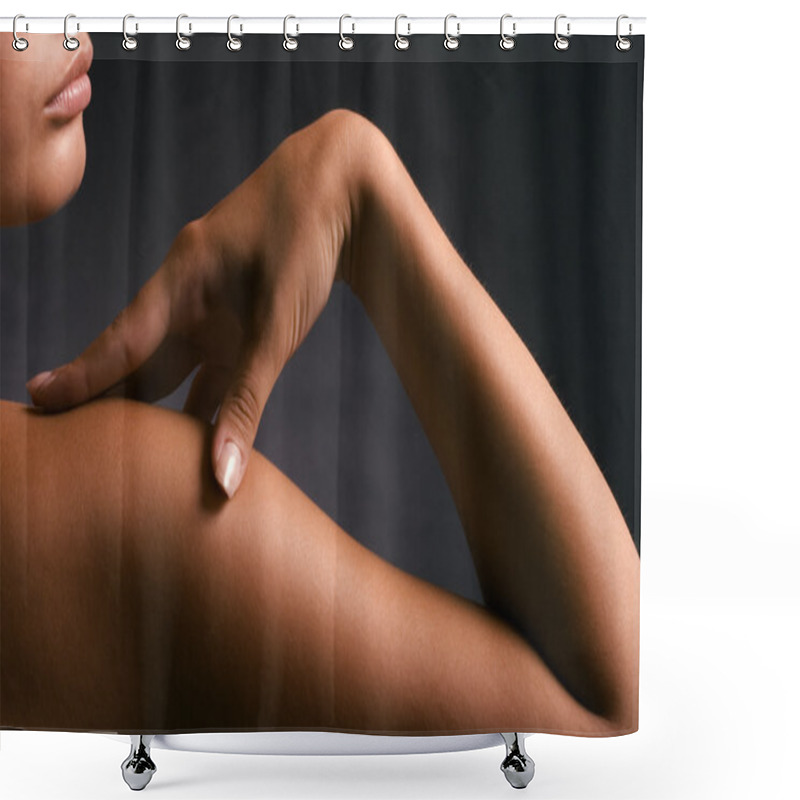 Personality  The elegant and tanned body of a beautiful young woman. shower curtains