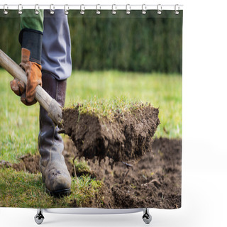 Personality  Man Using Spade For Old Lawn Digging Shower Curtains