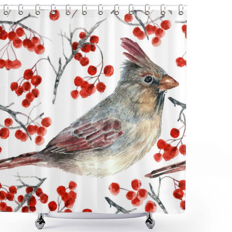 Personality  Northern Cardinal Female, Watercolor Pattern Isolated On White Shower Curtains