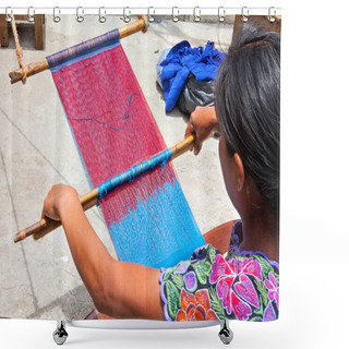 Personality  San Lorenzo Zinacantan, Mexico - May 10, 2014: Indigenous Tzotzil Women Weaving A Traditional Huipil At The Loom. San Lorenzo Zinacantan Is A Small Village In The Southern Part Of The Central Chiapas Highlands In The Mexican State Of Chiapas. Shower Curtains