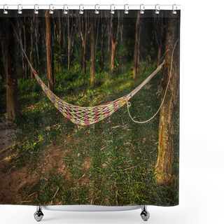 Personality  Empty Hammock Between Palm Trees On Tropical Beach Shower Curtains