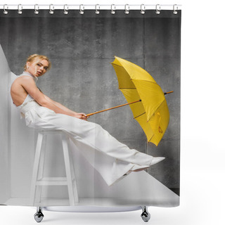 Personality  Stylish Young Woman Sitting On Chair And Holding Yellow Umbrella On White And Grey  Shower Curtains