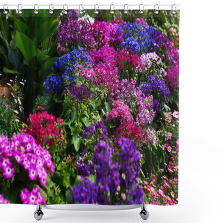 Personality  Colorful Flowers In The Park. Spring Landscape. Scenic View Of Colourful Flower Beds, A Lush Green Lawn In A Beautiful English Style Formal Garden. Assorted Spring Primulas. Colorful Flower Bed With Red, Blue, Yellow, Pink Blossoms. Shower Curtains