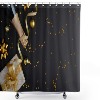 Personality  Premium Luxury Christmas Background With Champagne Bottle, Gift Box, Party Streamers, Golden Confetti Stars On Black. Flat Lay, Top View, Copy Space. Christmas Party Banner Mockup. Shower Curtains