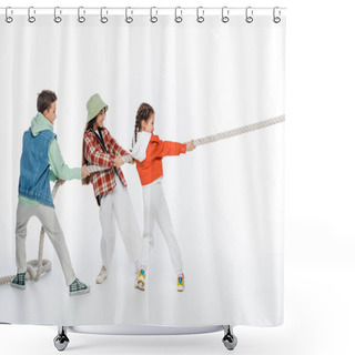Personality  Side View Of Happy Preteen Children Pulling Rope While Playing Tug Of War Game On White Shower Curtains