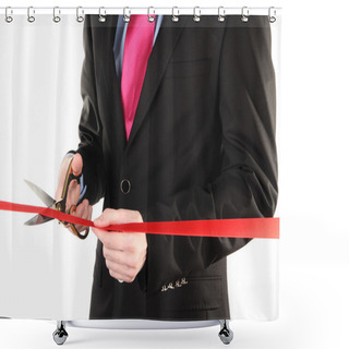 Personality  Man's Hand Cutting Red Ribbon With Pair Of Scissors For Ceremony Isolated On White Shower Curtains