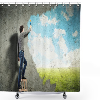 Personality  Young Man Drawing A Cloudy Blue Sky Shower Curtains