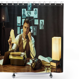 Personality  Detective Holding Document While Talking On Telephone In Office Shower Curtains