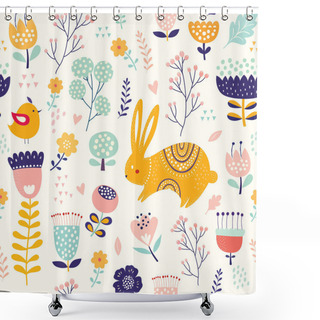 Personality  Seamless Pattern With Cute Bunny, Chicken And Flowers, Vector Illustration Shower Curtains