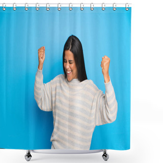 Personality  Young Colombian Girl With Sweater Celebrating A Victory Shower Curtains