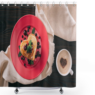 Personality  Top View Of Heart Shaped Pancake With Berries And Mint On Wooden Table, Valentines Day Concept Shower Curtains