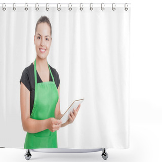 Personality  Successful Hypermarket Employee Holding Modern Tablet Shower Curtains