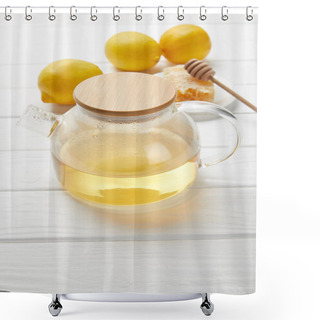 Personality  Transparent Teapot With Green Tea, Lemons And Honeycomb On White Wooden Table Shower Curtains