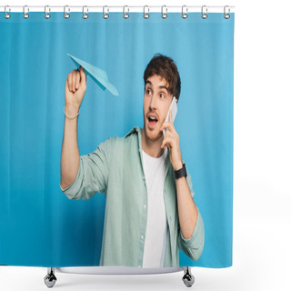 Personality  Happy Young Man Throwing Paper Plane While Talking On Smartphone On Blue Shower Curtains