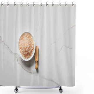 Personality  Top View Of Sea Salt In Bowl Near Wooden Spatula On Marble Table Shower Curtains