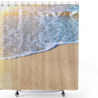Personality  Close Up Of A White Sea Foam On A Yellow Coastal Sand On A Sunny Day. Marine Background With Solar Flare And Copy Space Shower Curtains