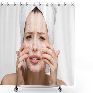 Personality  Displeased Girl With Facial Peeling Mask Touching Face Isolated On White Shower Curtains