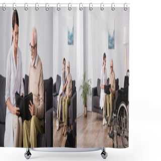 Personality  Collage Of Old Handicapped Man Browsing Photo Album With Social Worker At Home, Banner Shower Curtains