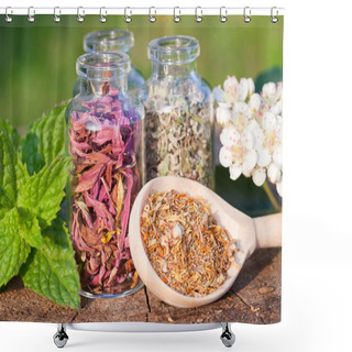 Personality  Glass Bottles With Healing Herbs On Wooden Board In Sunset Sunli Shower Curtains